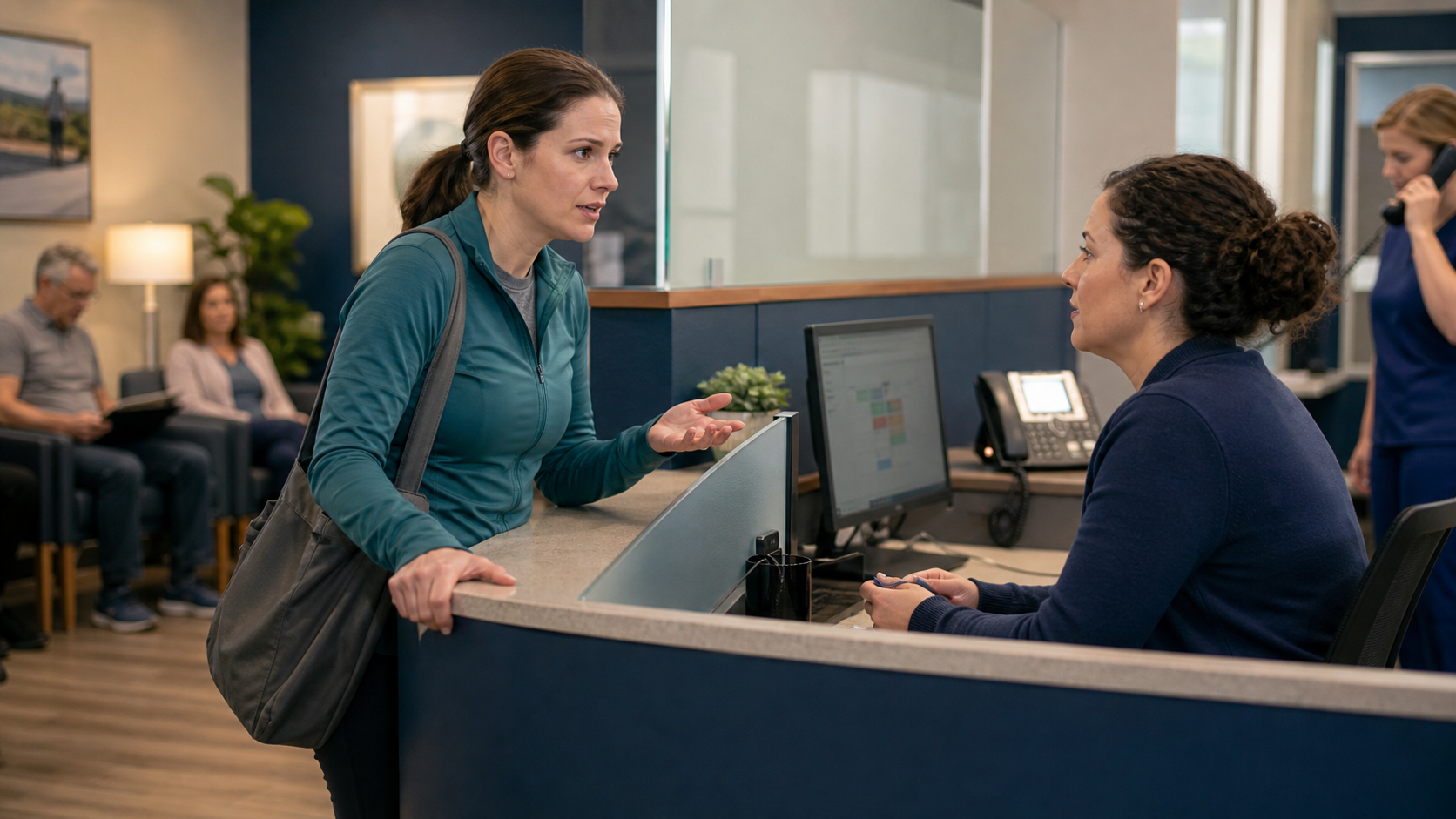 A healthcare front desk conversation where a professional listens to a concerned visitor while a busy waiting area creates pressure.