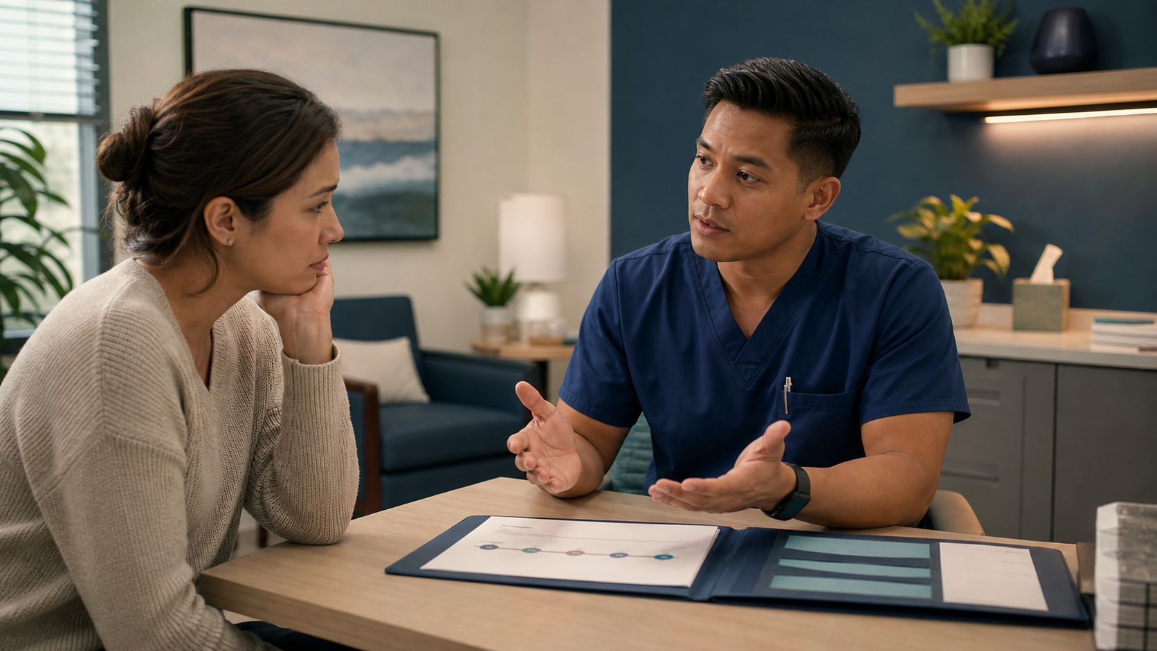 A healthcare professional explains a difficult service update to a concerned client with empathy and evidence.