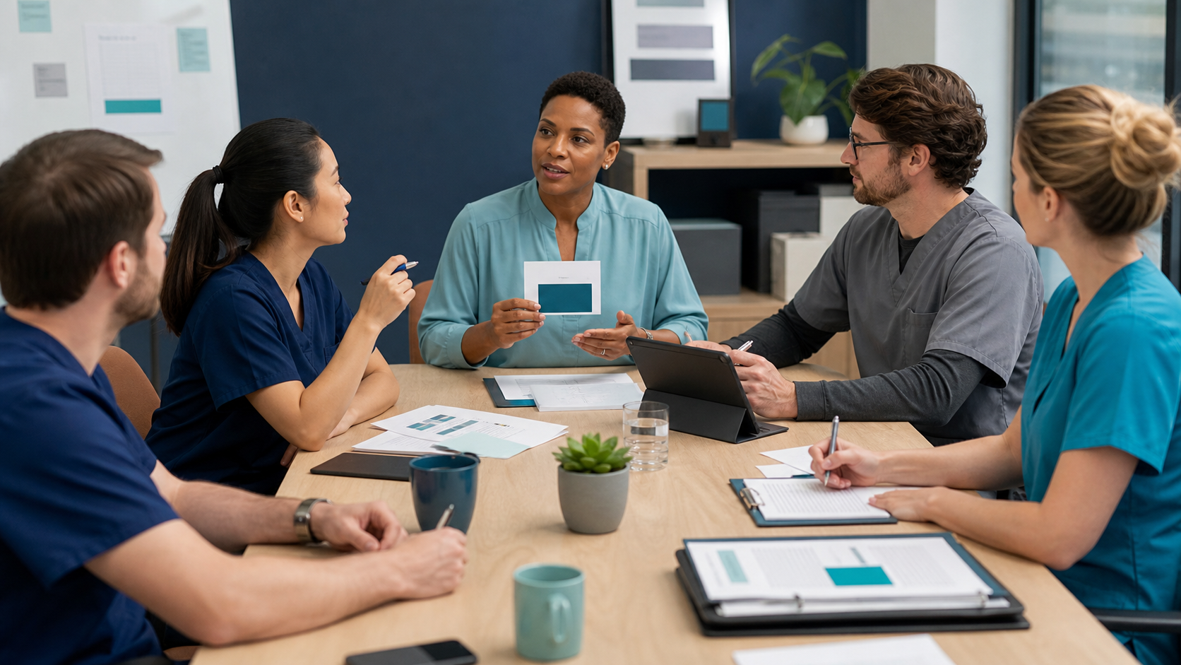 A collaborative workplace team uses an agenda and follow-up notes to prepare for a meeting.