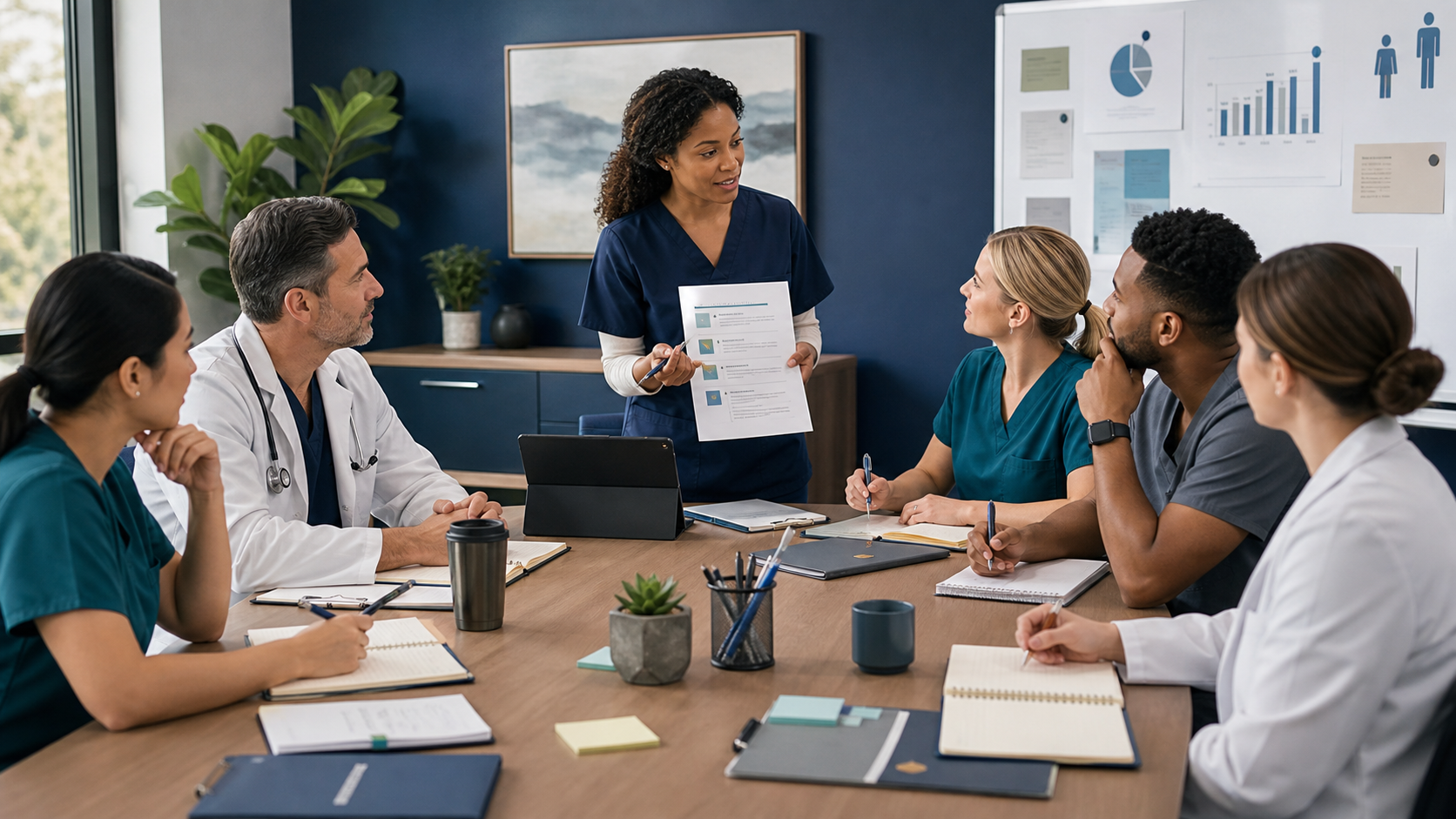 A diverse allied-health team collaborates around a meeting table with an agenda and follow-up notes.