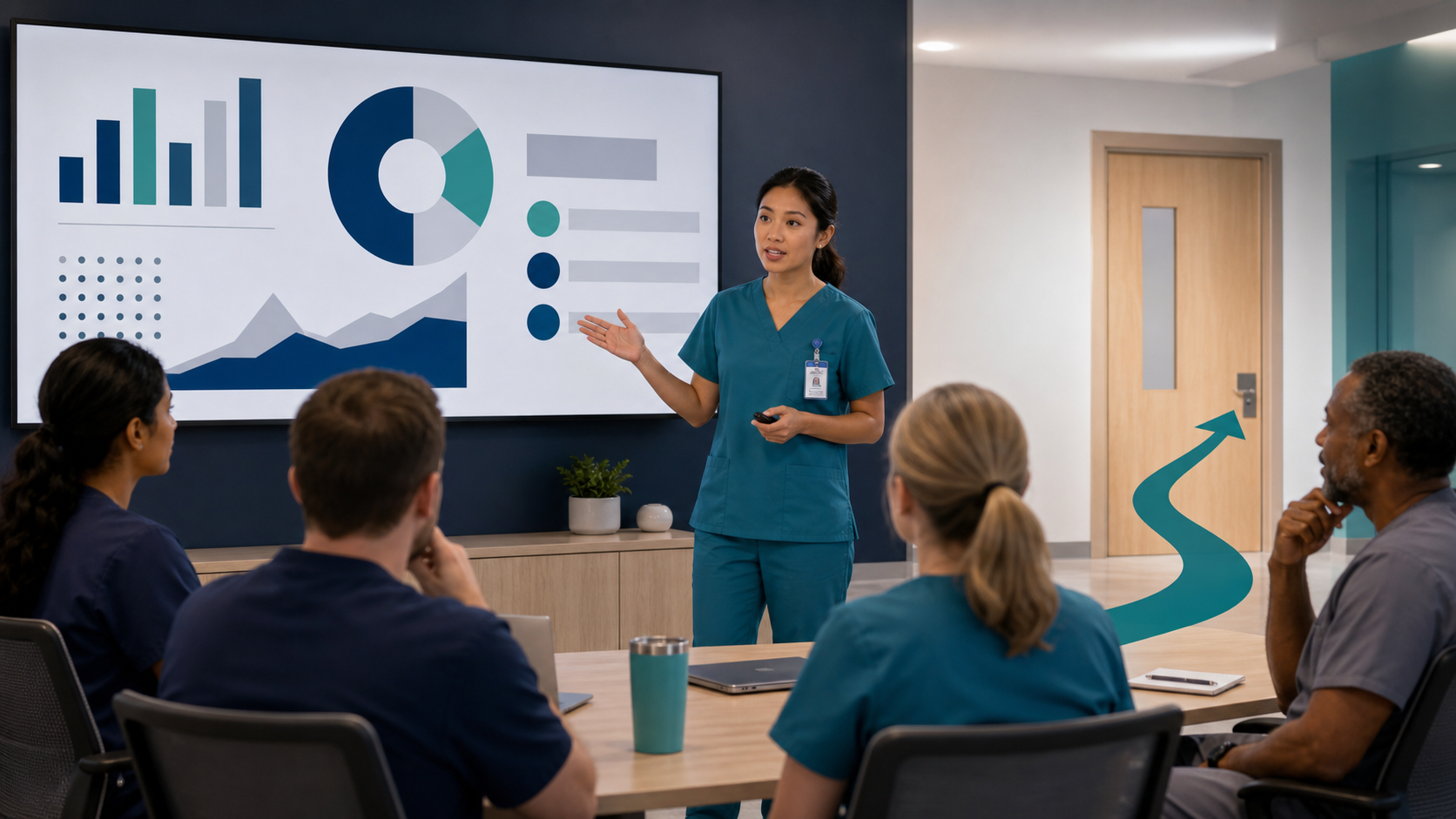 A professional presents a visual recommendation to a workplace audience and prepares for questions.