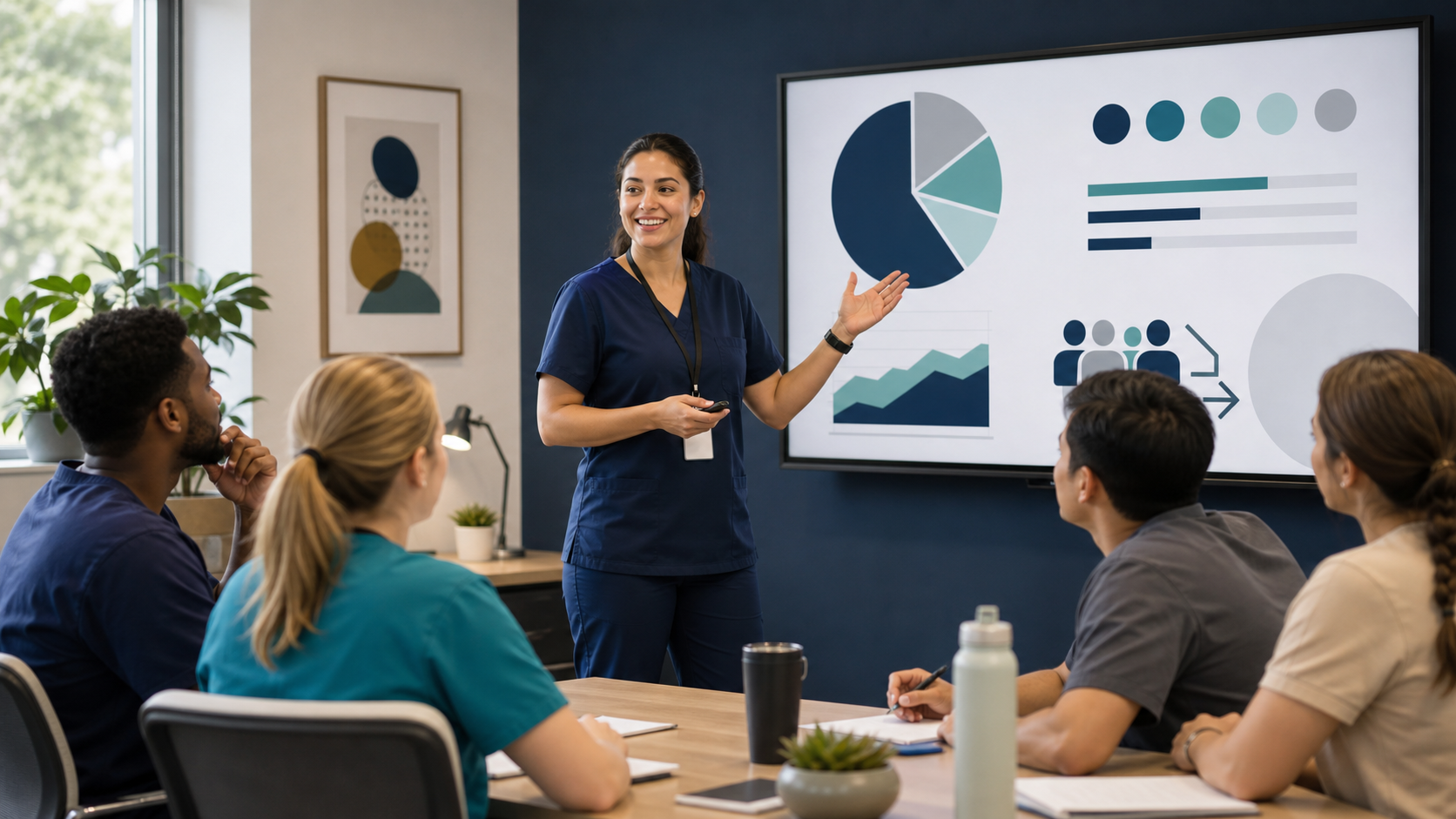 An allied-health professional presents a clear visual recommendation to an attentive workplace audience.